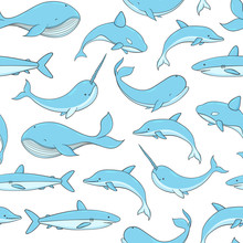 Vector Seamless Pattern With Whale, Shark, Narwhal And Dolphin On The White Background. Sea Creatures And Marine Life.