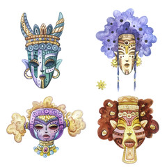 Colorful watercolor fantasy tribal masks set