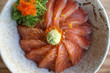 Salmon sushi don on wood background , Japanese food