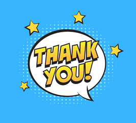 Wall Mural - retro comic speech bubble with colorful halftone shadow on blue pattern. expression text thank you. 