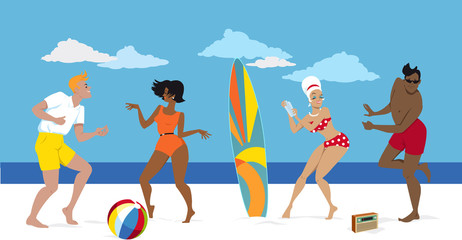 Wall Mural - Group of young people in early 1960s swimsuits dancing the Twist on the beach, EPS 8 vector illustration