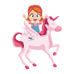 Sticker - Cute girl on unicorn cartoon vector illustration graphic design