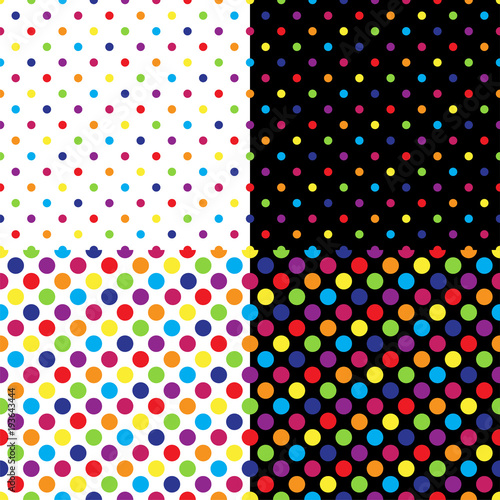 Four different seamless colorful polka dot patterns. Vector illustration.