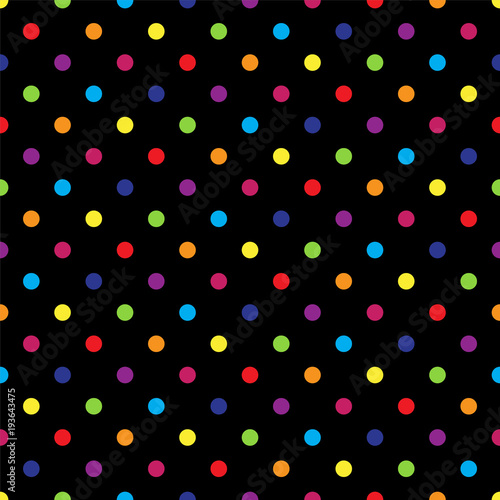 Seamless colorful polka dot pattern on black. Vector illustration.