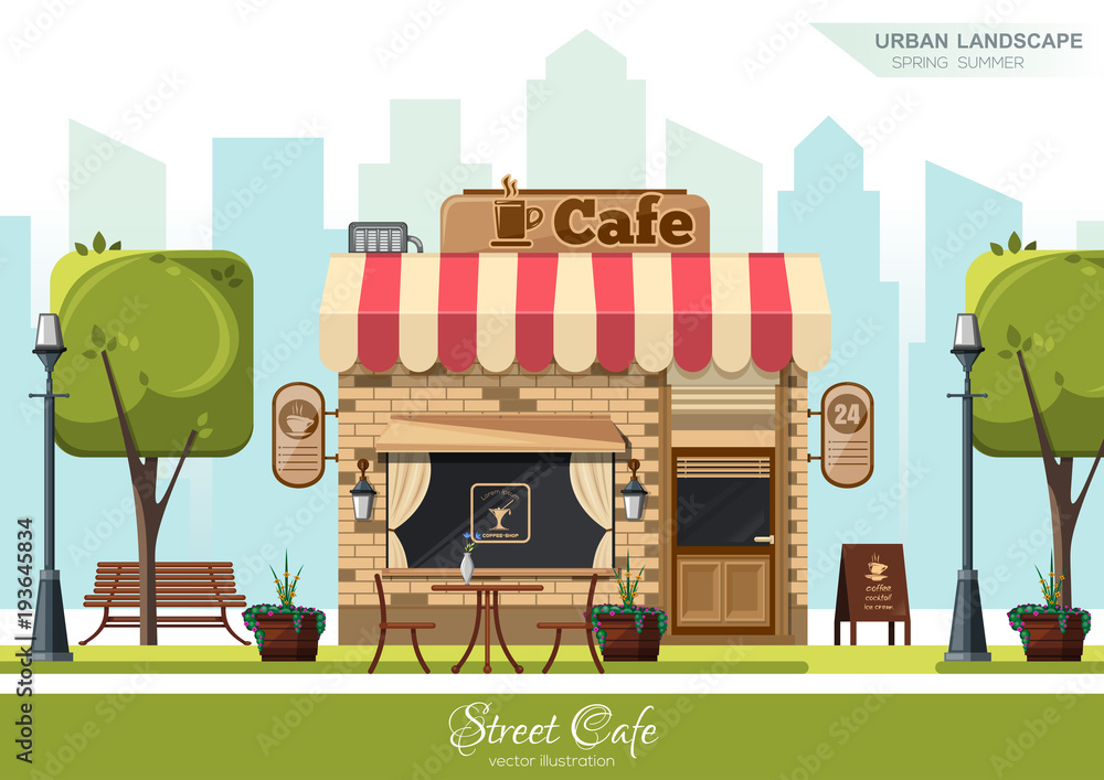 Street Cafe. Coffeeshop. City cafe. Urban spring summer landscape. Flat ...