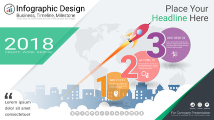 Wall Mural - Business infographics template, Milestone timeline or Road map with Process flowchart 3 options, Strategic plan to define company values, Scheduling in project management to make facts and statistics.