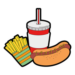 Poster - delicious hot dog with soda and french fries vector illustration design