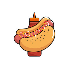 Poster - delicious hot dog with sauce bottle vector illustration design