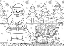 Santa Claus With Gift In Coloring Book For Adult And Kid. Doodle Style. Vector Illustration. Handdrawn.
