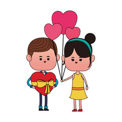 Cute couple with gift box and balloons cartoon vector illustration graphic design