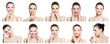 Collage of negative and positive female face expressions. Set of young woman expressing different emotions and gesturing isolated on white backgroung