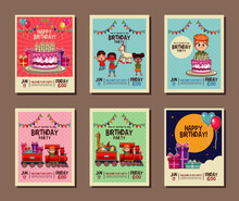 Set On Birthday Kids Party Invitation Card Vector Illustration Graphic Design