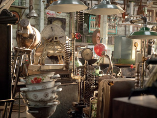 Antique street shop with old, vintage items in Bali.