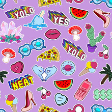 Seamless Pattern With Lips, Hearts, Cactuses, Watermelon, Slang Phrases, Pizza,etc. Purple Vector Background With Stickers, Pins, Patches In Quirky Cartoon Style.
