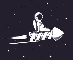 Wall Mural - baby spaceman flying on firework rocket in outer space.childish vector illustration.prints design