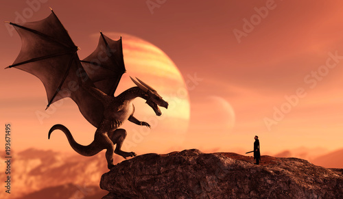 Fotografia, Obraz  Knight and the dragon in magical landscape,3d art illustration for book illustra