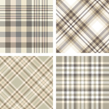 Set Of Four Seamless Tartan Plaid Patterns In Shades Of Beige, Tan, Taupe And Brown. Traditional Checkered Fabric Texture For Digital Textile Printing.