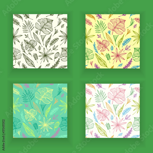 Set Seamless Patterns From Hand Draw Structure Of Tropic Leaves Colorful In Line Art For Creative Design Package Of Cosmetic Or Perfume Or For Design Of Botanical Theme Buy This Stock