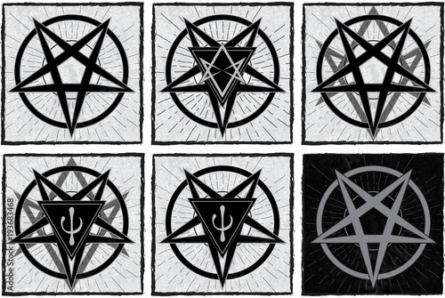 Stampe Set of stylish pentagrams with thelema sigil and psi element on grunge background and star rays