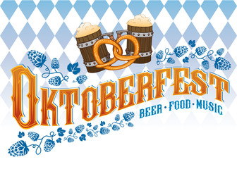 Wall Mural - Oktoberfest beer music food poster. Hand crafted illustration with hops, beer mugs, pretzel and traditional Oktoberfest rhombus pattern on background.