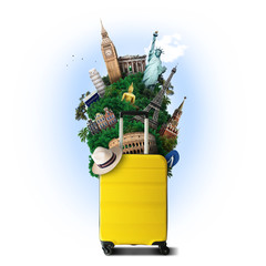 yellow travel bag with world landmark, holiday and tourism