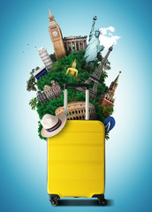 Wall Mural - Yellow travel bag with world landmark, holiday and tourism