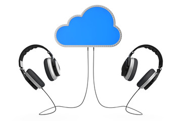 Poster - Online Music Concept. Headphones Connected to the Cloud Storage. 3d Rendering