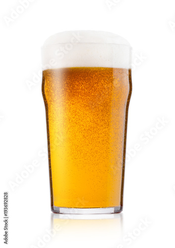 Cold glass of lager ale beer with foam and dew Poster Mural XXL