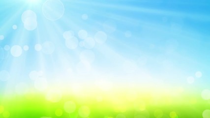 Wall Mural - Summer defocused blue sky grass blur, green blue bokeh natural background. Light seamless abstract shine background.