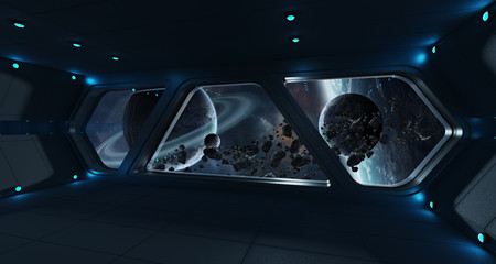 Spaceship futuristic interior with view on exoplanet