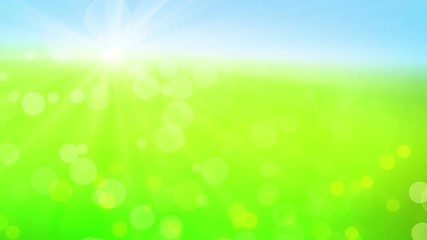 Wall Mural - Summer defocused blue sky grass blur, green blue bokeh natural background. Light seamless abstract shine background.