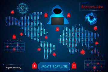 infographic abstract technology concept information of ransomware alert warning, antivirus, malware, hacker and virus crime ; design of hud interface on hi tech background