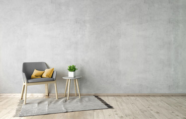 3d illustration of empty wall, grey interior mockup