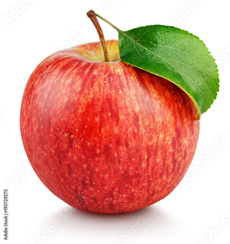 Plakat Jabłko  jeden-dojrzaly-owoc-czerwonych-jablek-z-zielonym-lisciem-na-bialym-tle-na-bialym-tle-ze-sciezka-przycinajaca