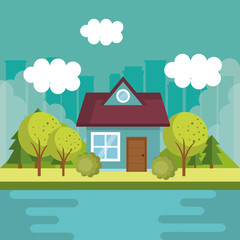 Wall Mural - landscape with house and lake scene vector illustration design