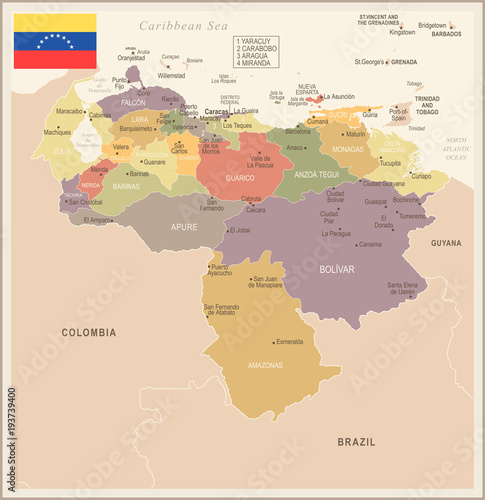 Cuadros en Lienzo Venezuela - vintage map and flag - Detailed Vector Illustration