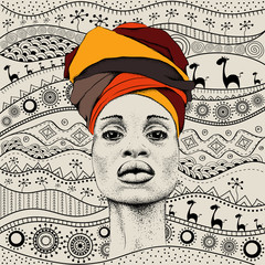 African woman with African in turban, tribal background. Beautiful black woman. Vector illustration