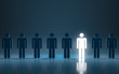 Stand out different concept. One glowing light man standing with other people. 3d rendering