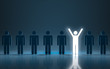Stand out different concept. One glowing light man standing and arms wide open among other people. 3d rendering
