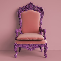 Wall Mural - Classic baroque armchair in violet color on pink background.Digital Illustration.3d rendering