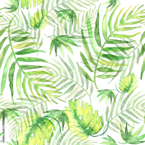 Foto-Gardine -     Seamless watercolor background from green tropical leaves, palm leaf, fern, floral pattern. Bright Rapport for Paper, Textile, Wallpaper, design. Tropical leaves watercolor.  (von helgafo)