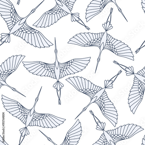 Cotton fabric Japanese seamless pattern with beautiful cranes. Chinese vector background with flying birds. Ornament with oriental motives.