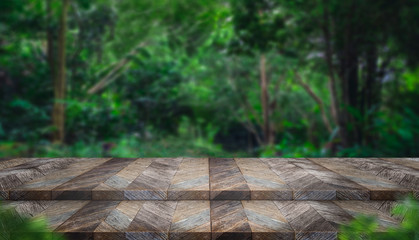Aufkleber - Empty step grunge wood table top with blur tree in tropical forest with bokeh light at background,Mock up template for display of your design,Banner for advertise of product,panorama view