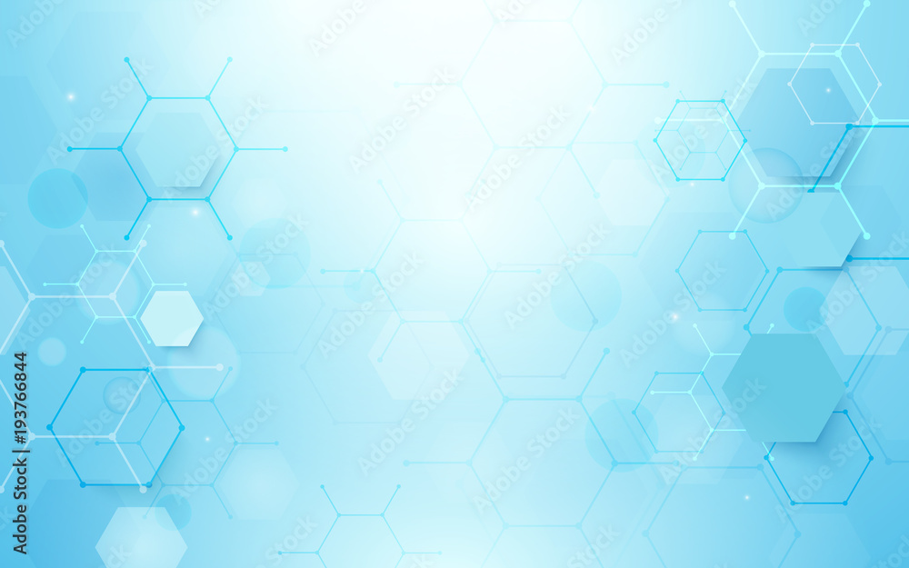 Abstract blue hexagons shape and lines with science concept background ...