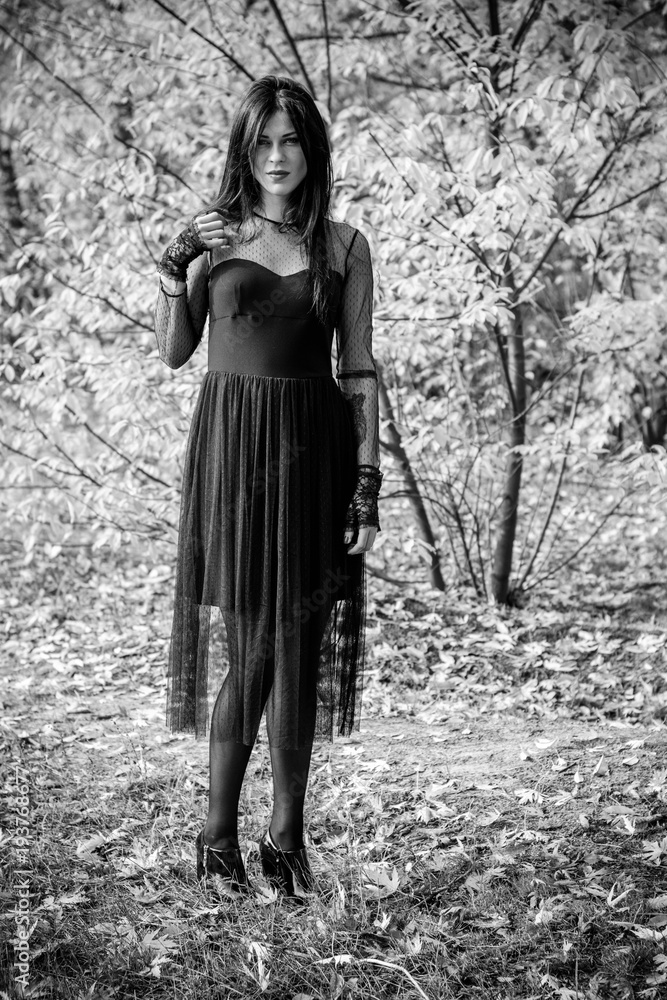 Attractive woman in a black gothic lace dress with long dark hair ...
