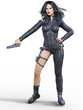 © vladnikon - Young beautiful woman warrior from future. Protective black armor leather jumpsuit. Pistol in hand. Girl standing candid provocative aggressive pose. Photorealistic 3D rendering isolate illustration.