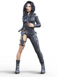 © vladnikon - Young beautiful woman warrior from future. Protective black armor leather jumpsuit. Pistol in hand. Girl standing candid provocative aggressive pose. Photorealistic 3D rendering isolate illustration.