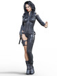 © vladnikon - Young beautiful woman warrior from future. Protective black armor leather jumpsuit. Pistol in hand. Girl standing candid provocative aggressive pose. Photorealistic 3D rendering isolate illustration.