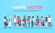 Happy Easter Greeting Card Banner With Group Of People Celebrating Holiday Wear Bunny Ears And Holding Baskets Over Background With Copy Space Flat Vector Illustration