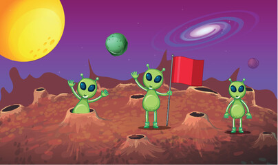 Wall Mural - Three aliens exploring the new planet
